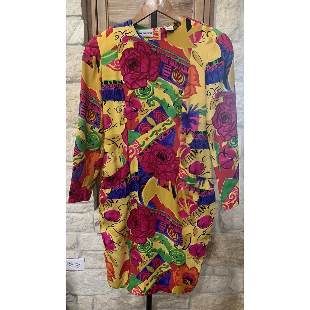 Nipon Boutique Women’s Vintage Long Sleeve 100% Silk Dress Bright Colors Size 6